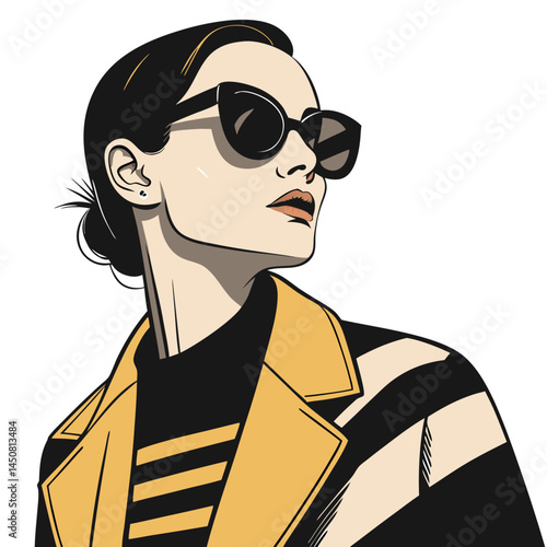A stylish woman,  head and shoulders, wearing oversized, dark sunglasses casting strong, flat, dramatic shadows on her face.  Minimalist aesthetic.