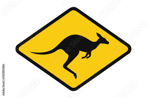 Black kangaroo silhouette hops across a yellow diamond caution sign, displayed against a transparent background