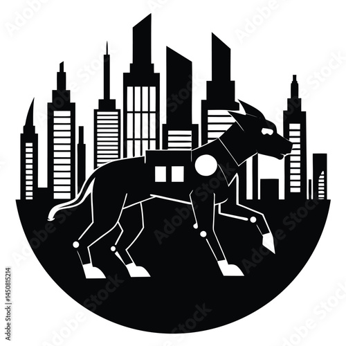 Cyberpunk Dog Silhouette in Cityscape: Futuristic Black and White Design