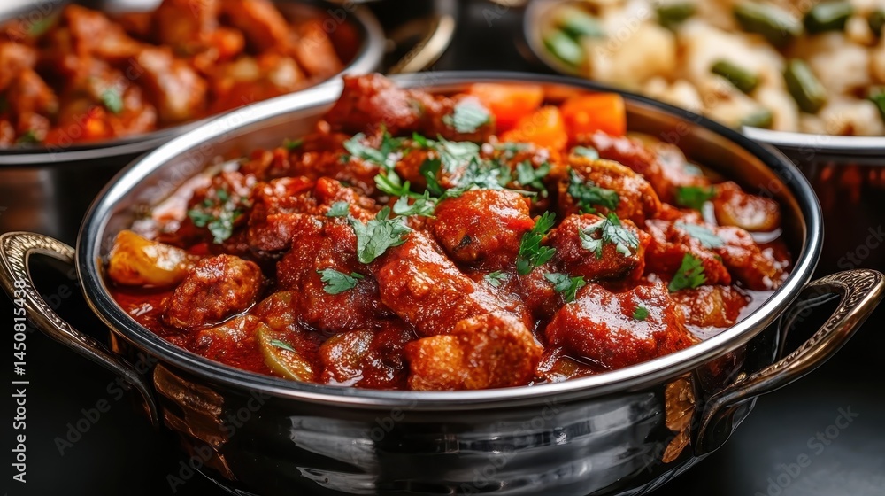 A savory chicken dish presented in an ornate bowl, richly colored with a spicy sauce and garnished with fresh herbs, enticing food lovers seeking an authentic dining experience. A savory chicken dish presented in an ornate bowl, richly colored with a spicy sauce and garnished with fresh herbs, enticing food lovers seeking an authentic dining experience.