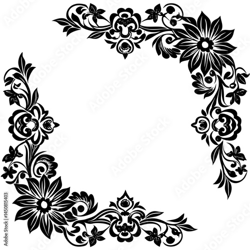 Abstract floral frame design features a black and white vector pattern with ornate swirls and vintage floral elements