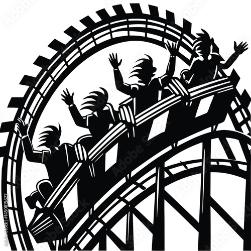 Roller Coaster Silhouette: Thrilling Ride with Passengers, Black and White Vector Art