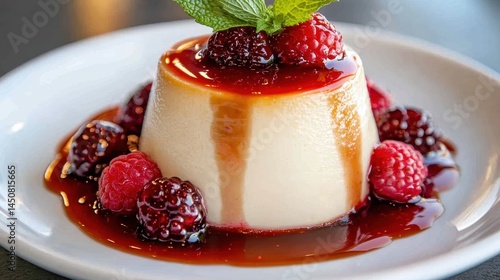 This exquisite panna cotta boasts a creamy texture topped with luscious berry sauce, complemented by fresh raspberries and blackberries, creating a delightful dessert experience.