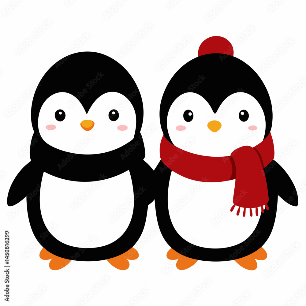 Naklejka premium Cute Cartoon Penguins in Winter Hats and Scarves – Kawaii Style Animal Vector Illustration