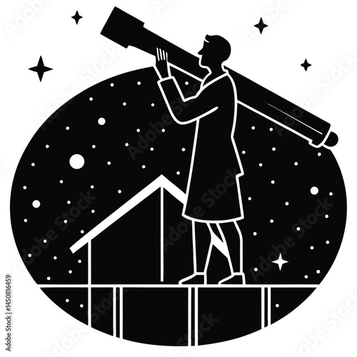 Astronomer Silhouette with Telescope Observing Stars on Roof Black and White
