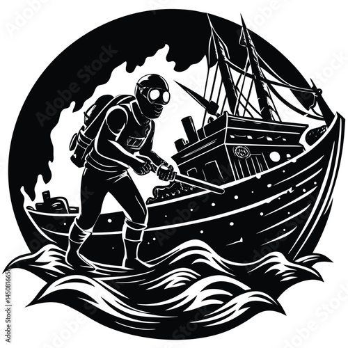 Black & White Diver, Shipwreck, and Ocean Waves Illustration - Vector Art