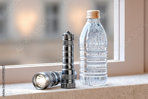 Flashlight and Water Bottle on Emergency Power at a Window During a Power Outage in a Quiet Room