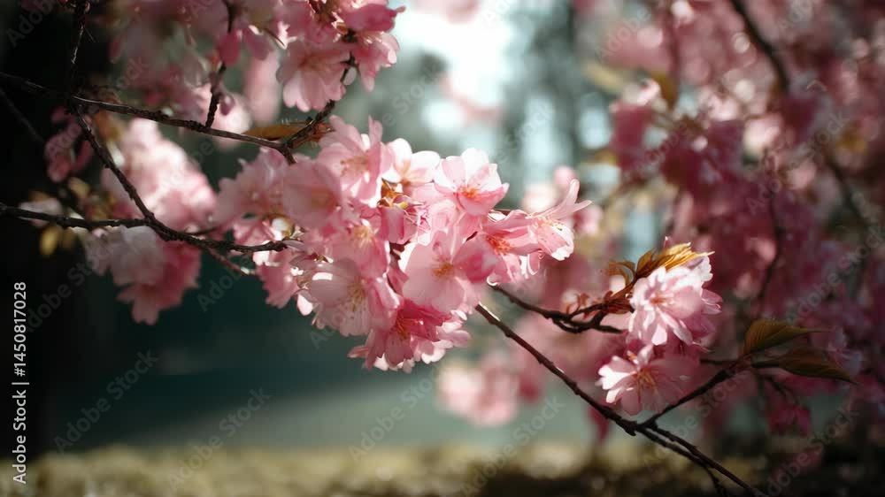 Close-up view of flowering tree branch with light pink petals against a blurred background on a bright sunny day in springtime season. Close-up view of flowering tree branch with light pink petals against a blurred background on a bright sunny day in springtime season.
