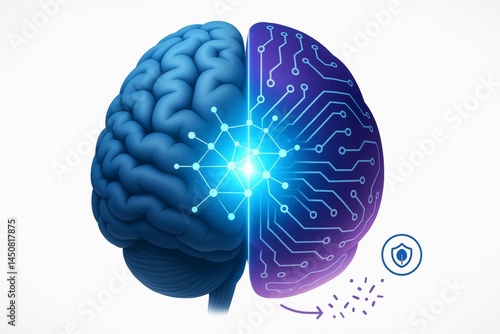 Half organic human brain evolving into a technological circuit with glowing nodes, representing artificial intelligence, machine learning and cybersecurity