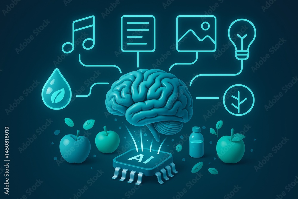 Artificial intelligence microchip powering a floating brain connected to glowing icons representing creativity, nature, health, and ideas, symbolizing the diverse capabilities and potential of ai