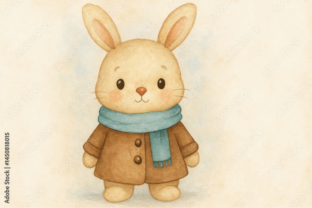 Adorable illustration featuring a cute bunny dressed in a warm brown coat and a cozy blue scarf, creating a charming winter scene that radiates joy and festive cheer