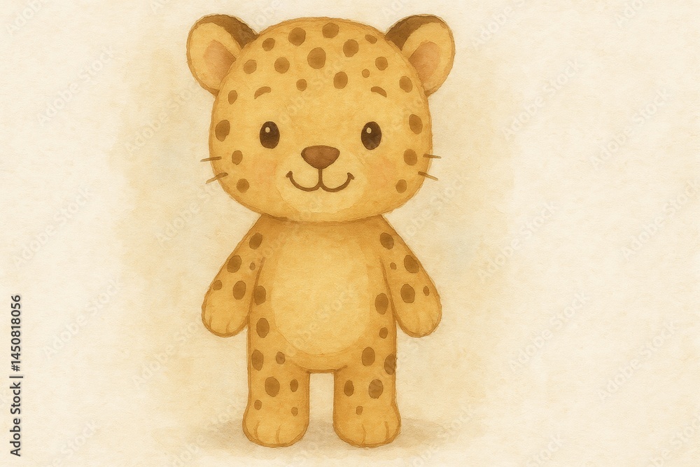 Watercolor painting featuring an adorable baby leopard standing and smiling, creating a heartwarming scene ideal for children's books and greeting cards