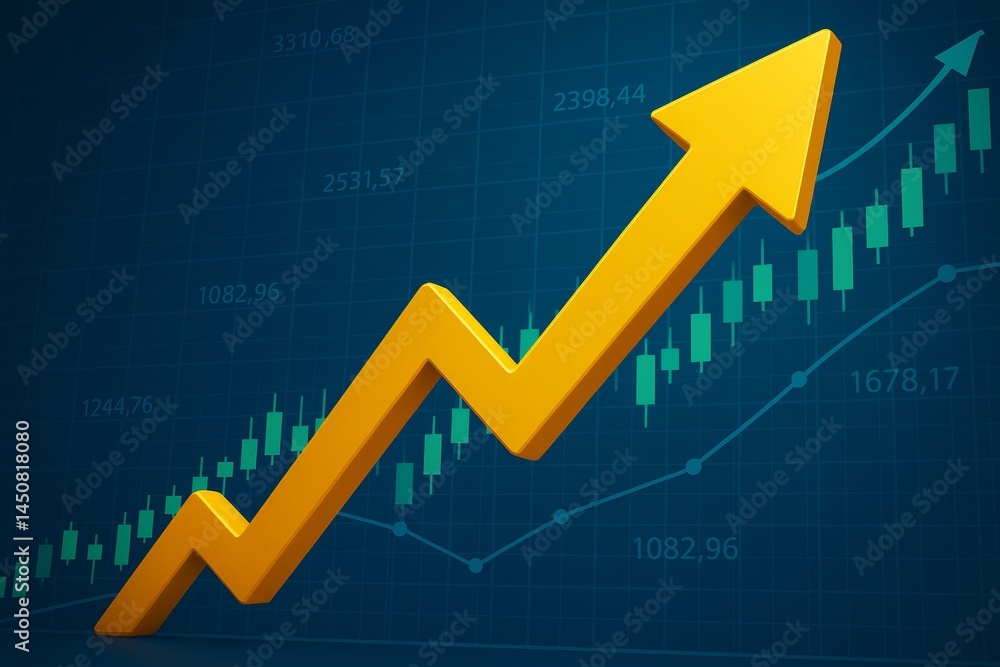 Golden arrow rising above a financial chart, symbolizing increasing profits, thriving investments, and a robust positive market trend, illustrating growth and success in the economy