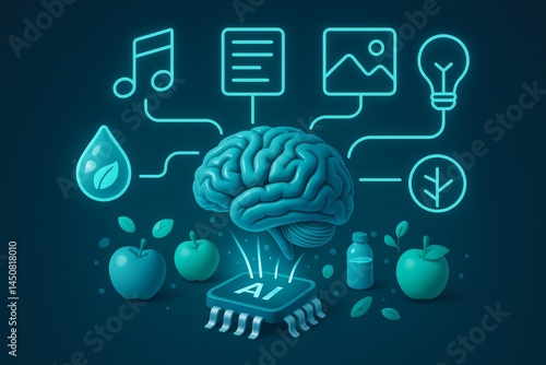 Artificial intelligence microchip powering a floating brain connected to glowing icons representing creativity, nature, health, and ideas, symbolizing the diverse capabilities and potential of ai