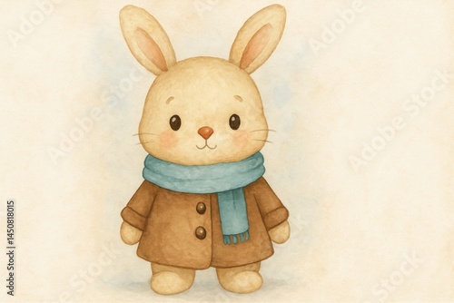 Obraz na płótnie Adorable illustration featuring a cute bunny dressed in a warm brown coat and a cozy blue scarf, creating a charming winter scene that radiates joy and festive cheer w salonie