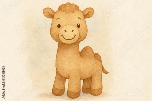 Obraz na płótnie Adorable baby camel character smiling against a soft watercolor background, creating a charming scene ideal for children's books and greeting cards w salonie