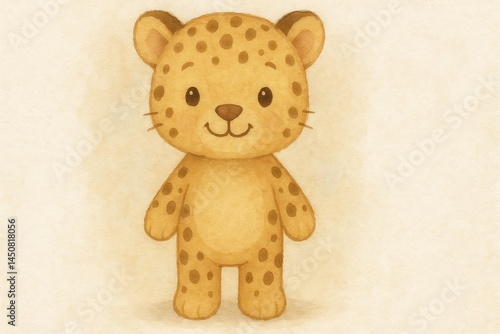 Obraz na płótnie Watercolor painting featuring an adorable baby leopard standing and smiling, creating a heartwarming scene ideal for children's books and greeting cards w salonie