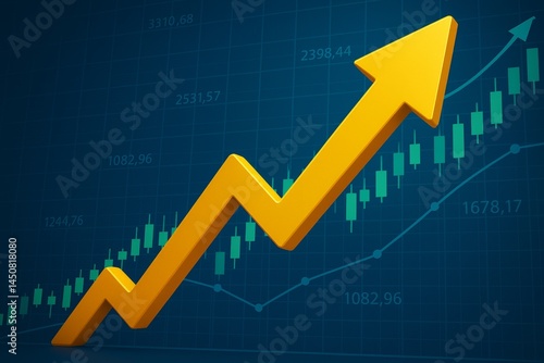 Obraz na płótnie Golden arrow rising above a financial chart, symbolizing increasing profits, thriving investments, and a robust positive market trend, illustrating growth and success in the economy w salonie