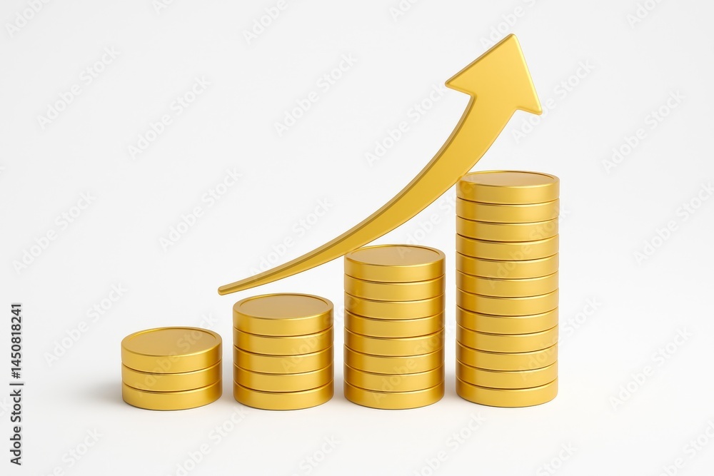 Four stacks of progressively taller gold coins with an upward arrow symbolizing increasing profits, financial success, and positive investment growth on a clean white background