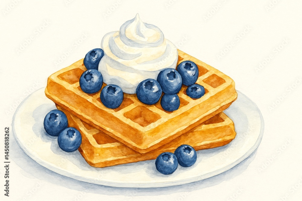 Two golden waffles, generously topped with fluffy whipped cream and vibrant fresh blueberries, create an inviting breakfast scene on a pristine white plate, tempting all who see them