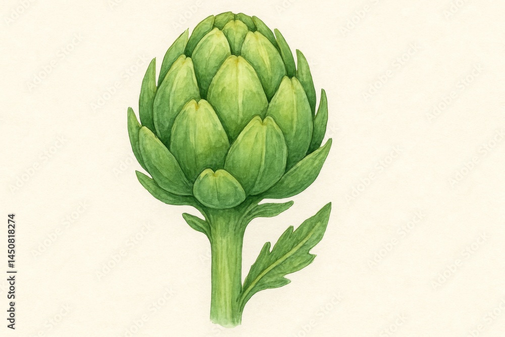Watercolor painting showcasing a vibrant green artichoke, its delicate leaves and textured bulb captured with artistic precision on a minimalist background, creating a fresh and inviting image