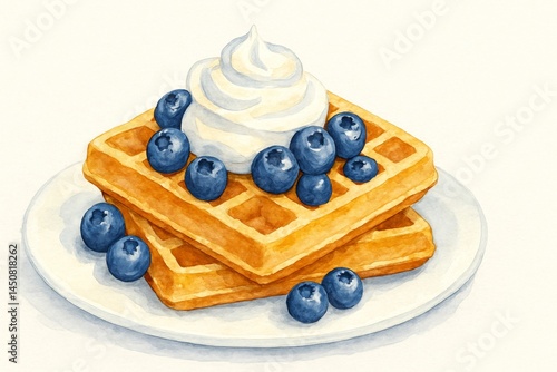 Obraz na płótnie Two golden waffles, generously topped with fluffy whipped cream and vibrant fresh blueberries, create an inviting breakfast scene on a pristine white plate, tempting all who see them w salonie