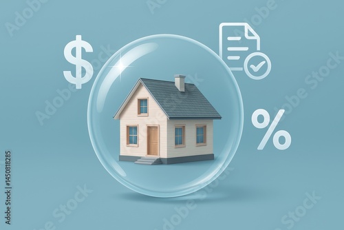 Obraz na płótnie Miniature house protected inside transparent bubble with dollar sign, percentage symbol, and checked document representing property investment, home insurance, and financial security w salonie