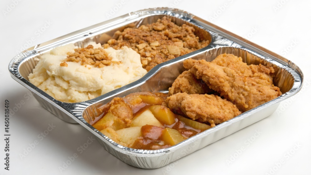 Divided Tray with Fried Chicken, Mashed Potatoes, Apple Dessert, and Crumble Topping
Divided Tray with Fried Chicken, Mashed Potatoes, Apple Dessert, and Crumble Topping