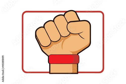 Cartoon clenched fist with red wristband is centered within a red rectangle on transparent background