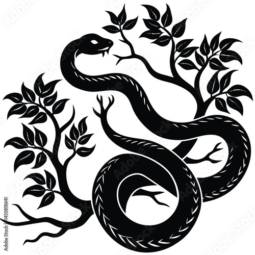 Black & White Snake Coiled Around Tree Branches Vector Illustration Design