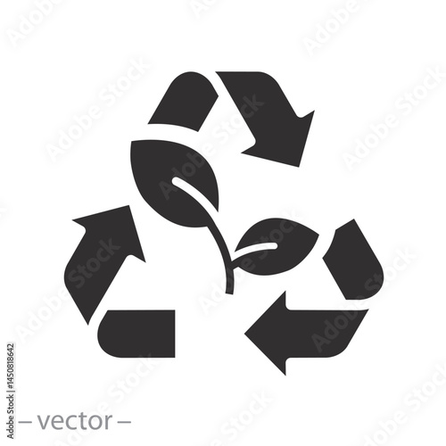 arrows recycling with leaves, recycle sustainable waste icon, save environment, eco care for planet, conservation ecology, plant, biodegradable flat web symbol, vector illustration