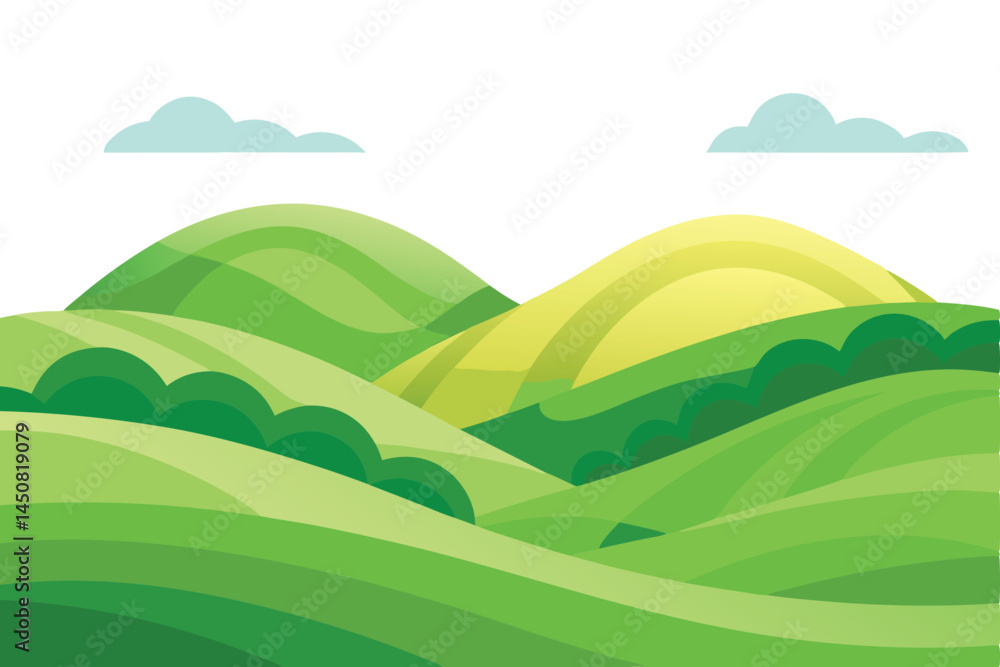 Fototapeta premium Cartoon hills undulate beneath a sky with gentle clouds, offering a peaceful scene