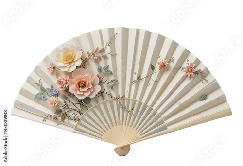 Elegant Traditional Japanese Hand Fan with Beautiful Floral Design and Bamboo Ribs, Cultural Accessory and Decorative Object with Transparent Background