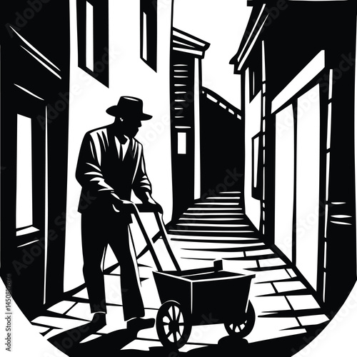 Monochrome Alleyway Scene: Man Pushing Cart in Black and White Vector Illustration