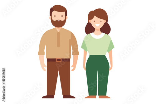 Cartoon man with beard and woman with smile stand next to each other isolated