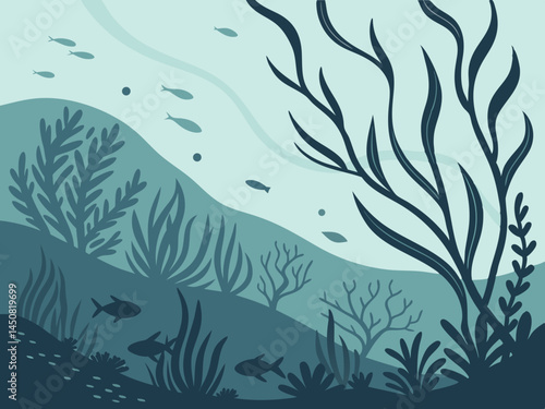 Sea underwater background. Ocean bottom with seaweeds. Vector marine scene. Under ocean life wallpaper