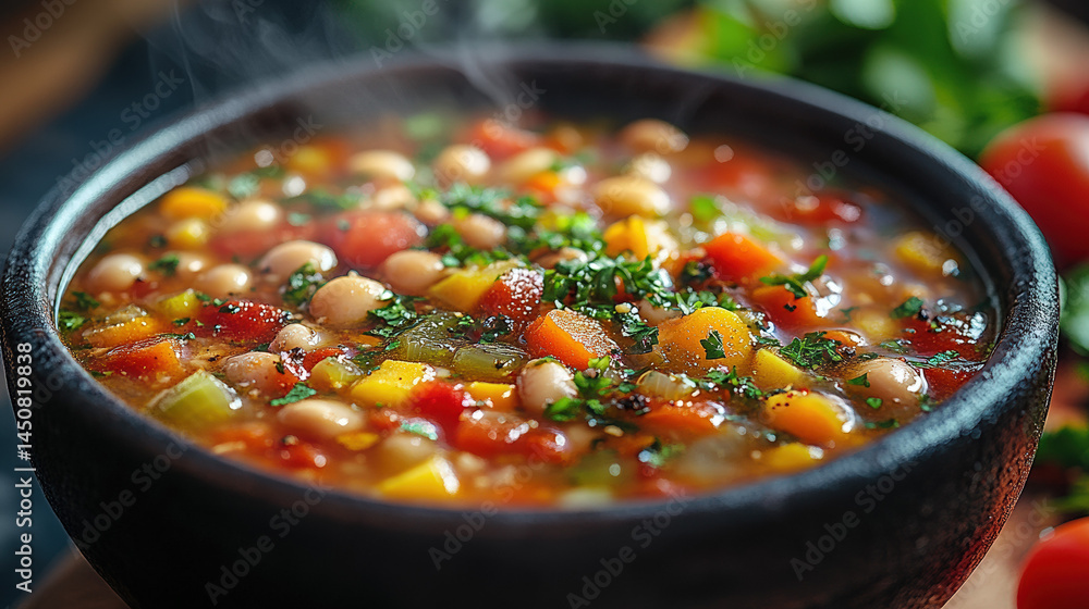 Steaming bowl of colorful vegetable stew with fresh herbs. Tomatoes and greens at the side Steaming bowl of colorful vegetable stew with fresh herbs. Tomatoes and greens at the side