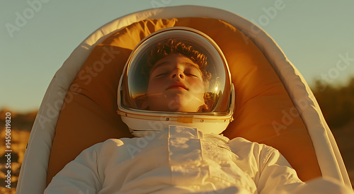Astronaut dreaming on a yellow cushion, in a desolated planet with the sun on the horizon. Space exploration future dreams concept, vintage style.
