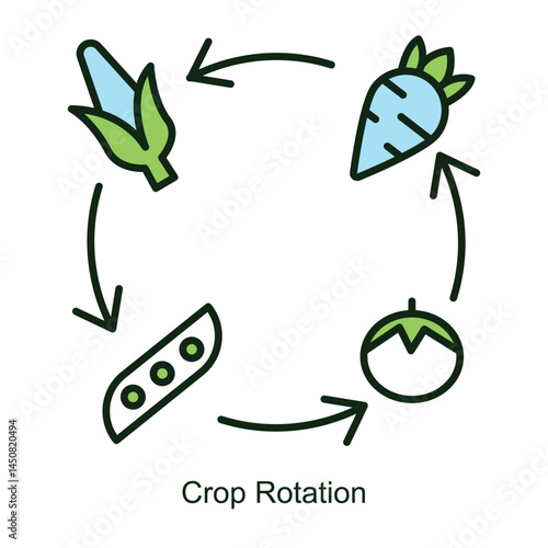Vector icon for Crop Rotation with Plant Arrows Cycle. Illustrates agricultural sustainability with rotating crop symbols and directional arrows for soil health improvement.