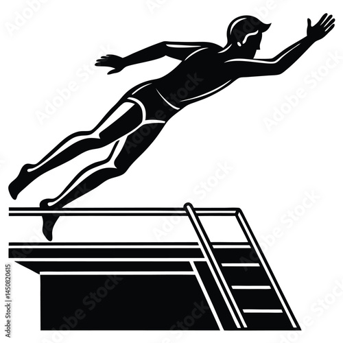 Black and White Vector Illustration of a Diver Leaping from a Diving Board
