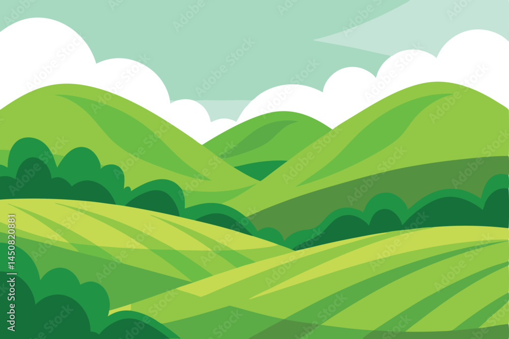 Cartoon rolling hills with fields offer an idyllic landscape beneath the sky and clouds Cartoon rolling hills with fields offer an idyllic landscape beneath the sky and clouds