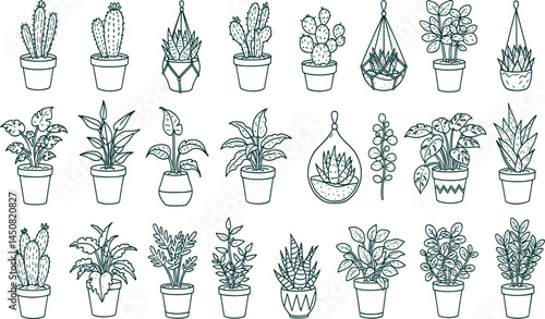 Houseplants line icon set. Vector pictograms of indoor plants, succulents, monstera, cactus in pot, bonsai, aloe vera, orchid, philodendron, peace 