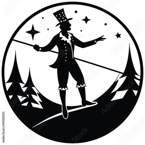 Silhouette Tightrope Walker in Top Hat, Circus Performer, Vintage Style Illustration