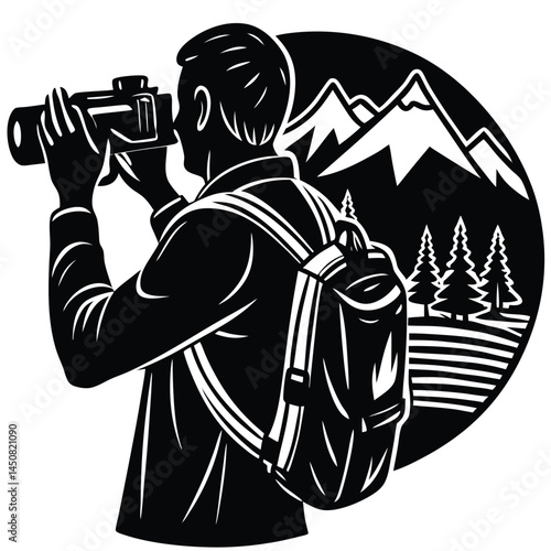 Silhouette Photographer with Backpack Taking Mountain Landscape Photo