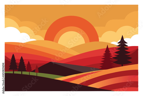 Colorful layers of rolling hills and silhouetted pine trees form a sunset landscape scene
