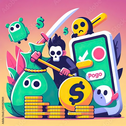 Cartoon hacker with scythe stealing money bag and gold coins from smartphone gaming app, illustrating mobile gaming security risks