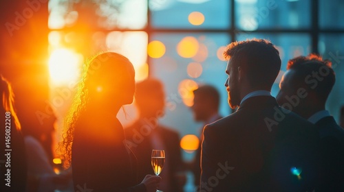 Networking event sunset, city backdrop