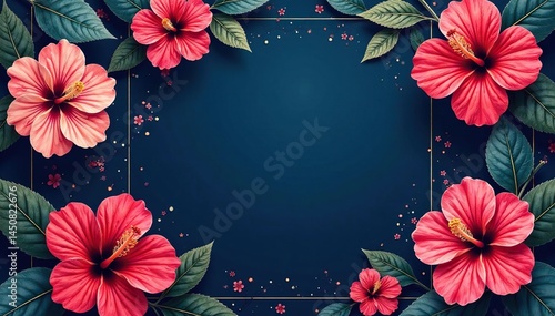 Stylized hibiscus flowers, navy blue & gold, geometric arrangement, floral pattern, art, geometric