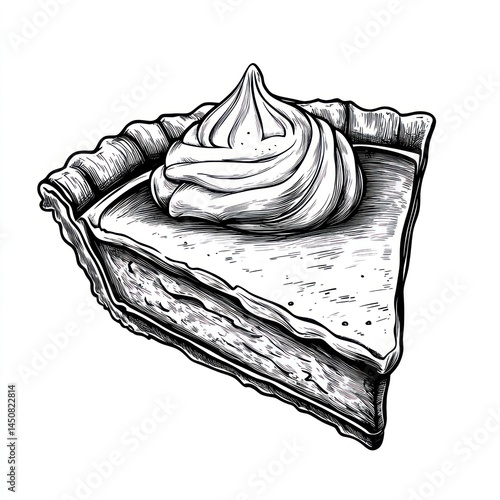 A slice of pumpkin pie with whipped cream topping, illustrated in black and white.