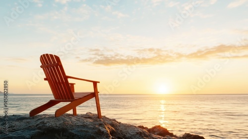 A simple yet striking red chair framed by golden hues of a sunset over a tranquil sea, presenting a peaceful and inviting scene that inspires thoughts of relaxation and connection with nature.